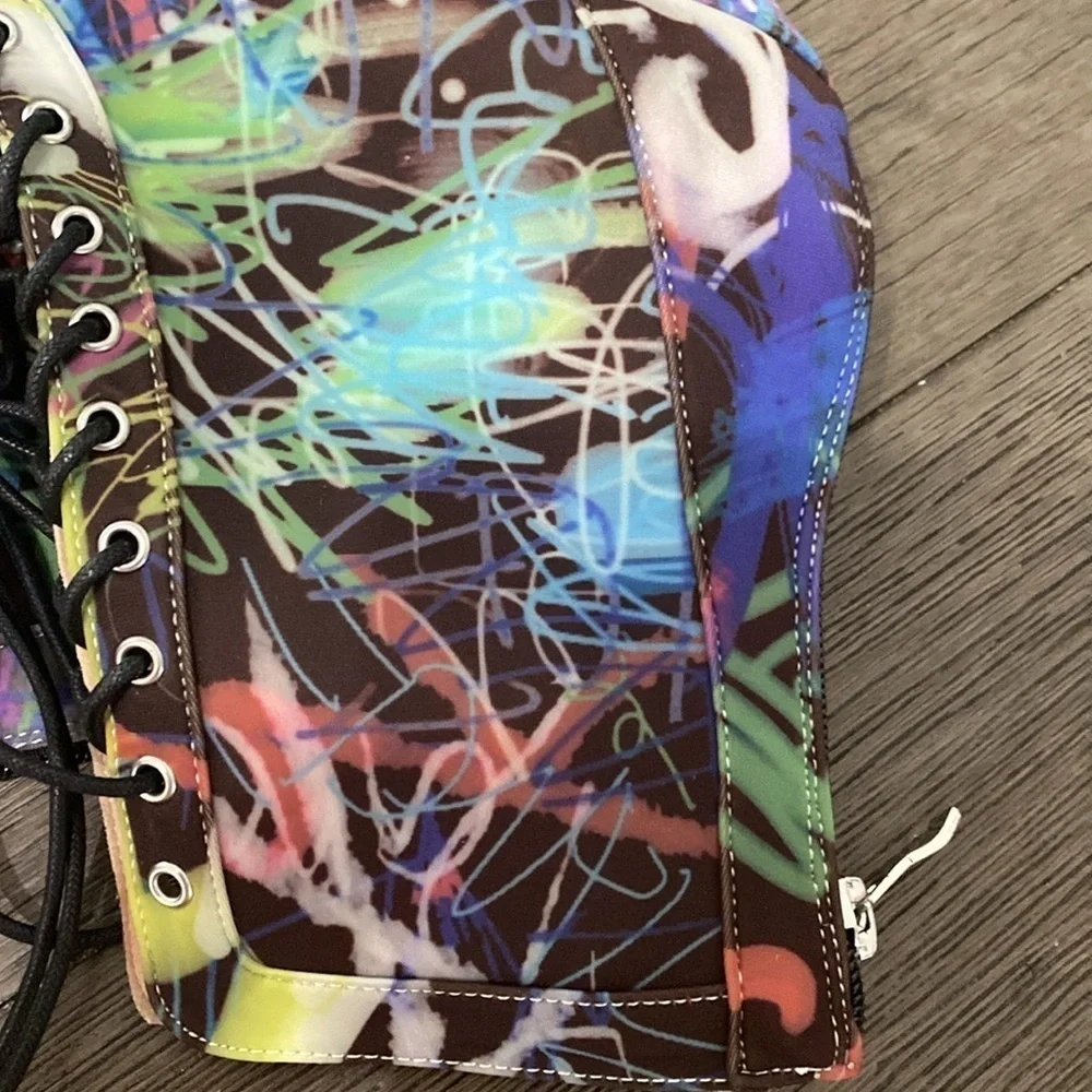 NWT BURJU Sofiya graphic multi color Open Toe Lace Up Ankle Boots | 6 1/2 - Picture 11 of 12